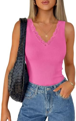 ZESICA Womens 2026 Summer V Neck Tank Tops Spring Sleeveless Lace Trim Ribbed Knit Casual Going O... | Amazon (US)