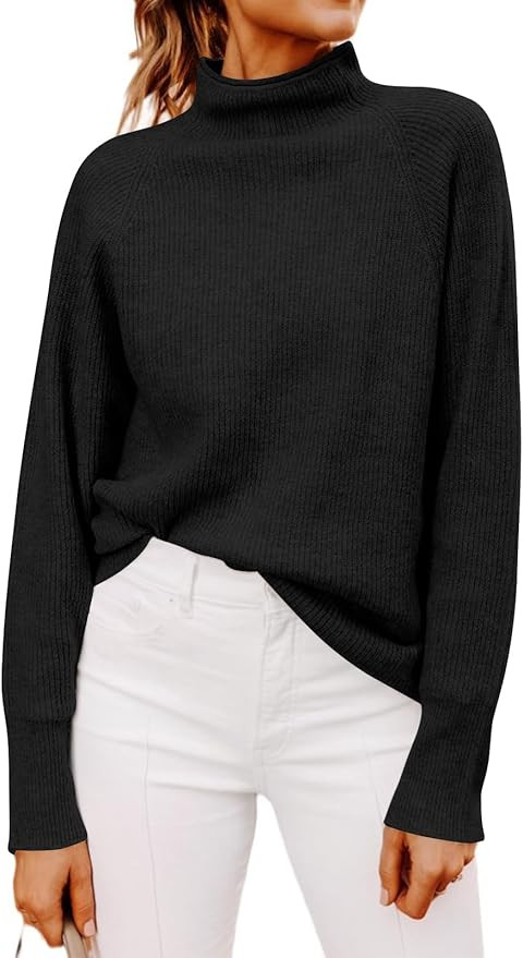 Yousify Womens Ribbed Mock Neck Batwing Sleeve Sweater Loose Knitted Pullover Sweaters Jumper Top... | Amazon (US)