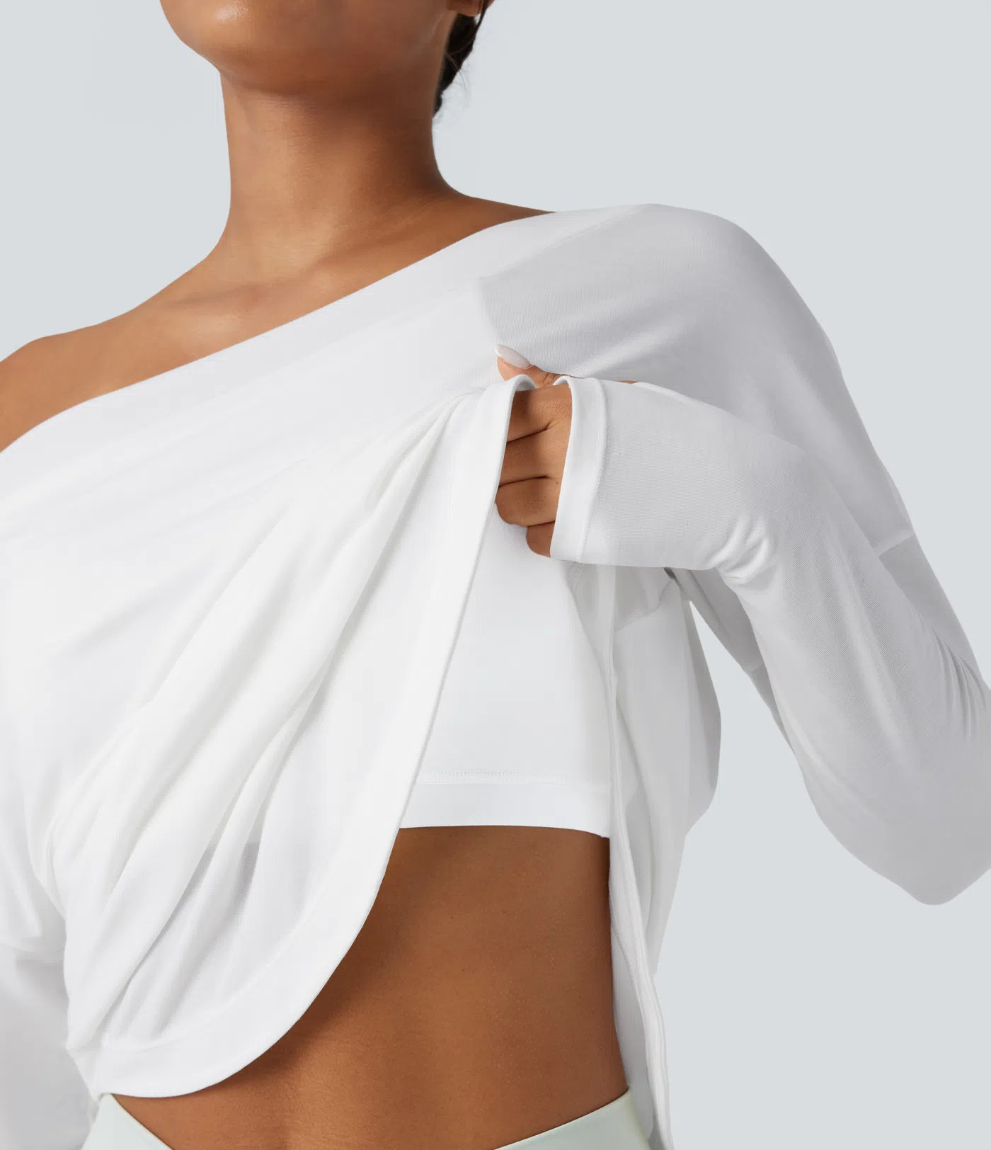 Women’s One Shoulder Long Sleeve Thumb Hole Curved Hem High Low Quick Dry Yoga Sports Top-Built... | HALARA