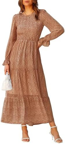 BTFBM Women Casual Long Sleeve Crew Neck Fall Dress Bohemian Relaxed Fit Floral Flowy Maxi Dresse... | Amazon (US)