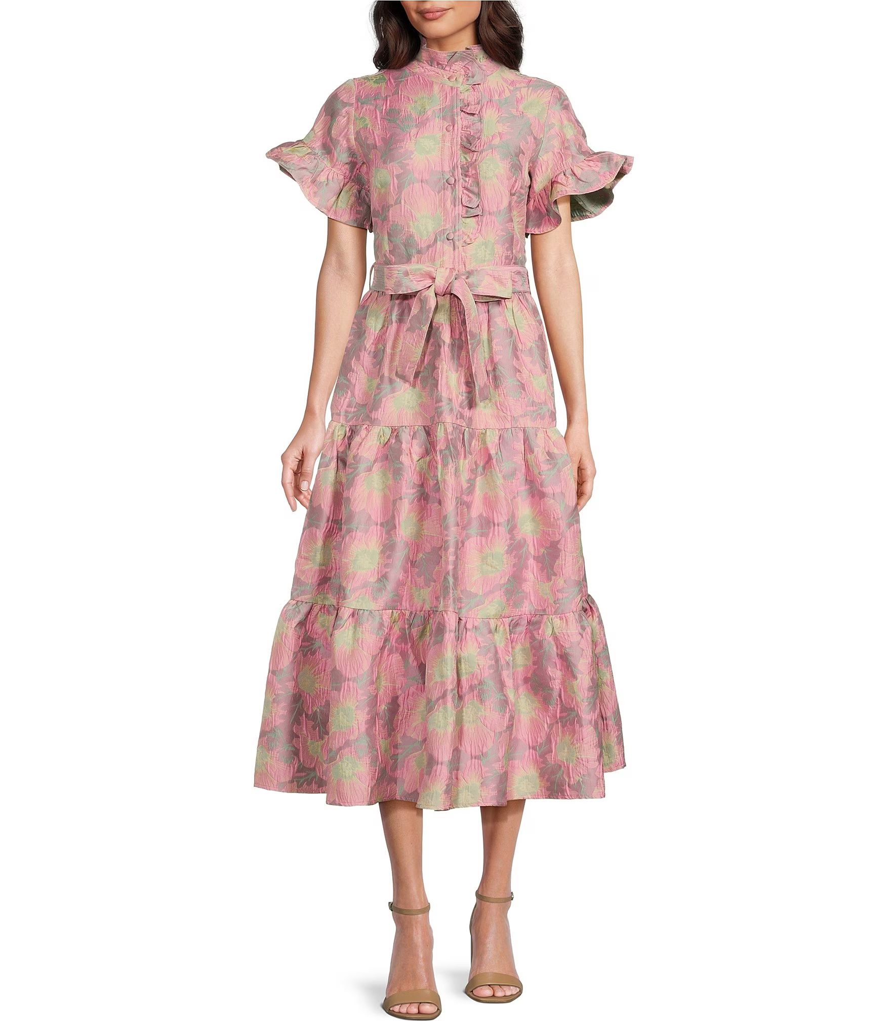 Abbey GlassFloral Print Sadie Ruffle Short Sleeve Tie Waist Tiered Pocketed Midi Dress | Dillard's