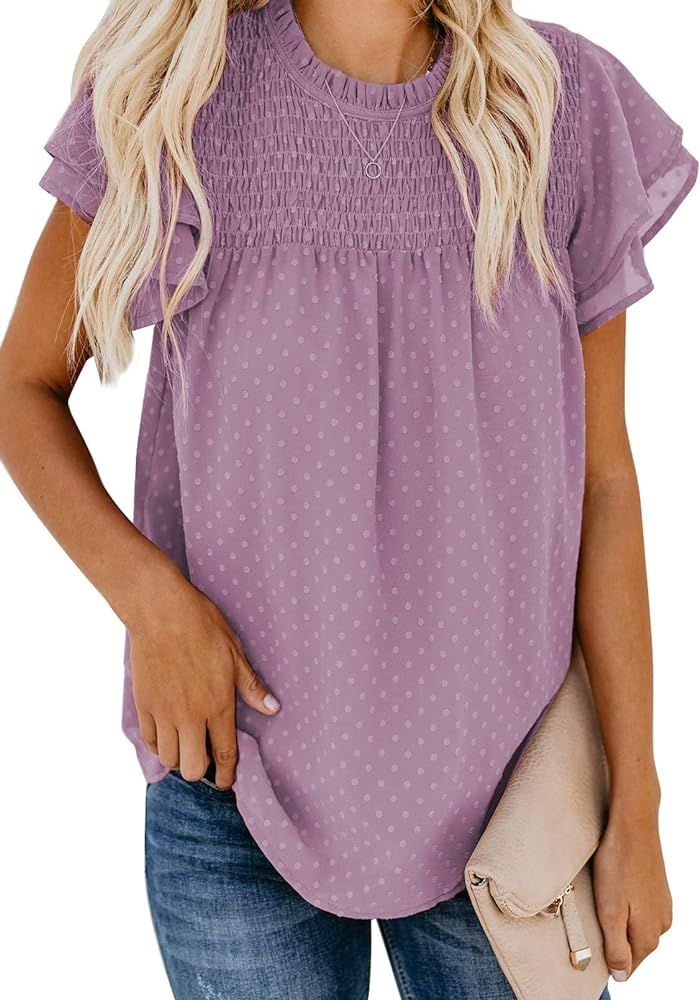 Amazon.com: Diukia Womens Flowy Chiffon Pom Pom Short Sleeve Shirt Blouse Elegant Cute Lace Croch... | Amazon (US)