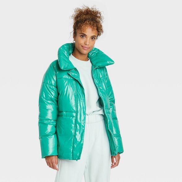 Women's Medium Length Wet Look Puffer Jacket - A New Day™ | Target