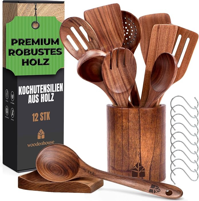 Holz kochl\u00f6ffel Set 12 St\u00fcck aus Teakholz - Robuste Holzl\u00f6ffel Set mit Halter, Hak... | Amazon (DE)