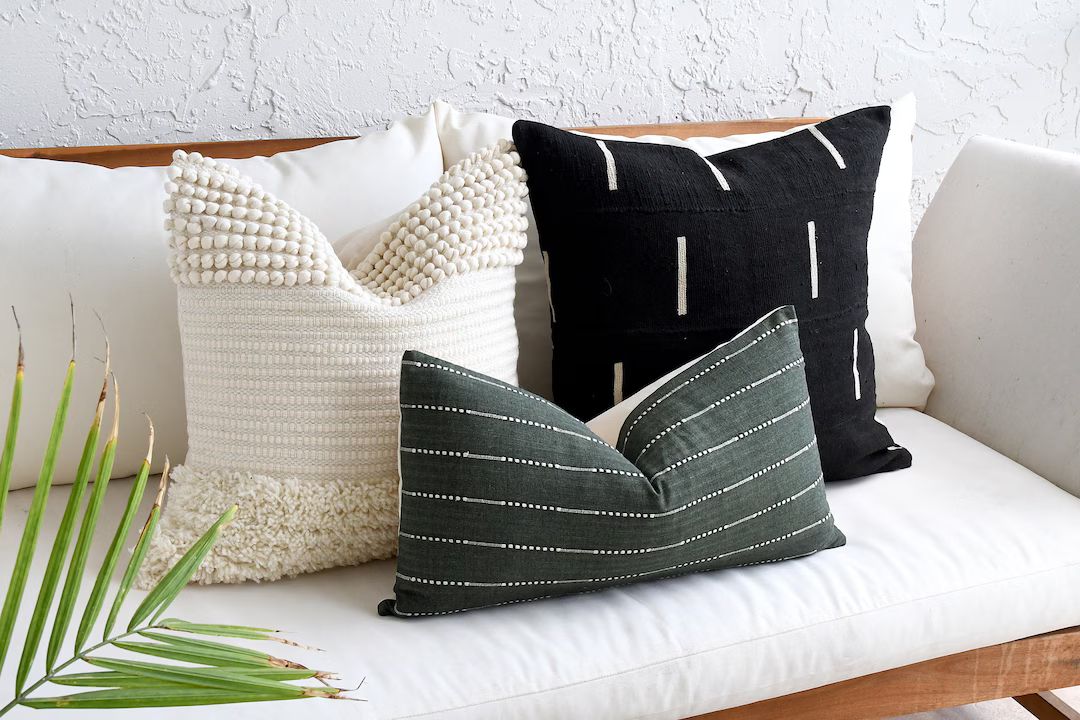 Boho Pillow Cover Combination, Sofa Set, Olive Green Lumbar, Tufted 20x20 Throw, Black Handmade M... | Etsy (US)
