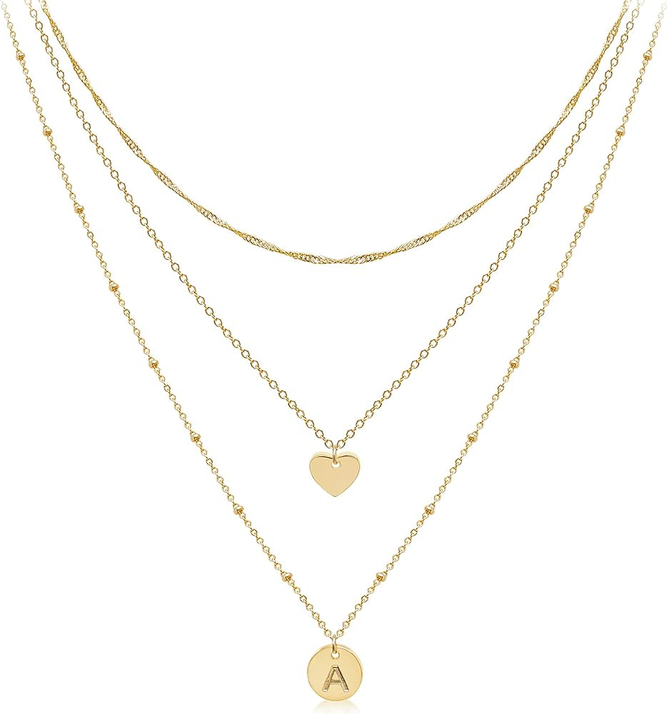 Dainty Layered Initial Choker Necklaces Handmade 14K Gold Plated Tiny Heart Personalized Letter Disc | Amazon (US)
