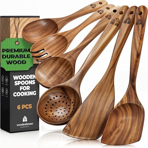 Wooden Spoons for Cooking – Wooden Kitchen Utensils Set, 6 Pcs Teak Wood Utensil Set – Comfortable Grip Non–Stick Wooden Cooking Utensils | Amazon (US)