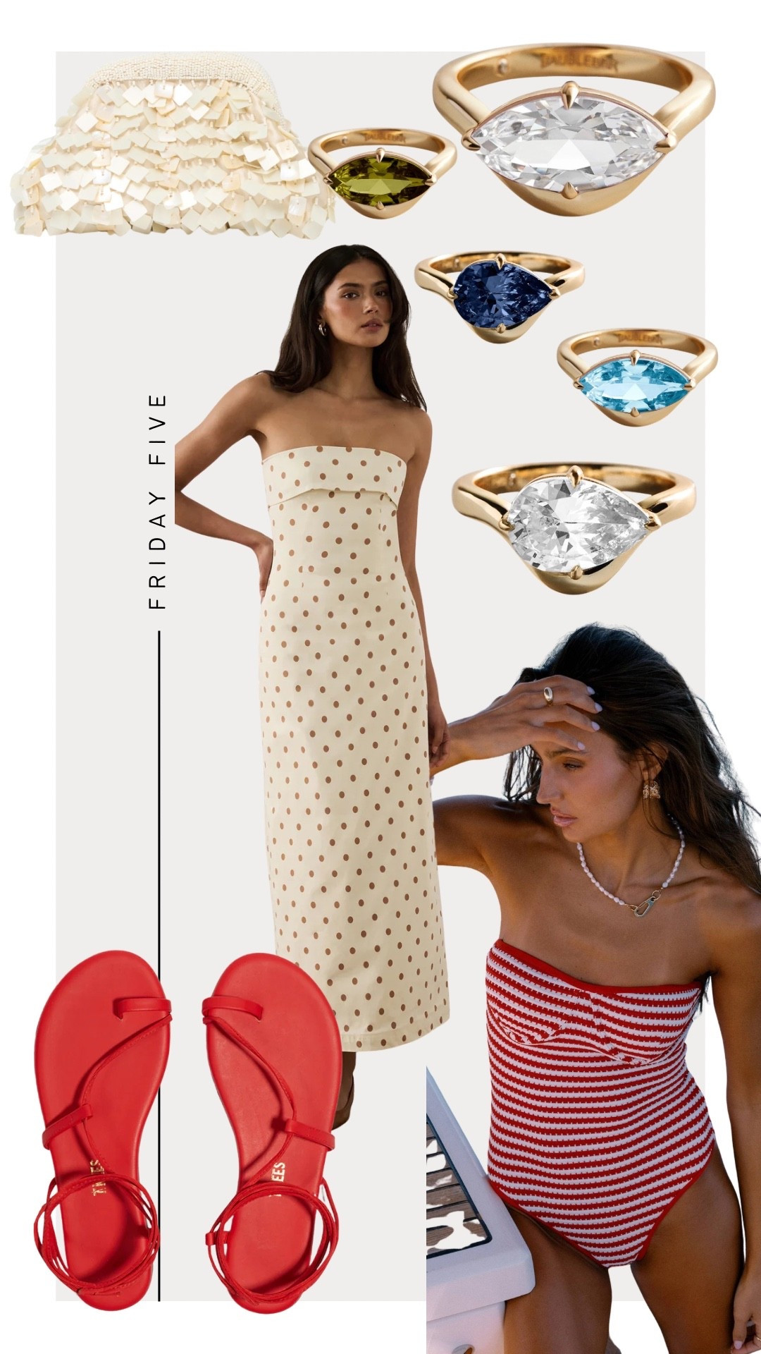Friday Five: 5-1-26
1. Baublebar Wavy Birthstone Ring  
2. Beach Riot Hayes One Piece Swimsuit 
3. Tkees Jo Sandals 
4. L*Space Vienna Clutch
5. We Wore Whaf Polka Dot Dress


#LTKSeasonal #LTKSwim #LTKootd