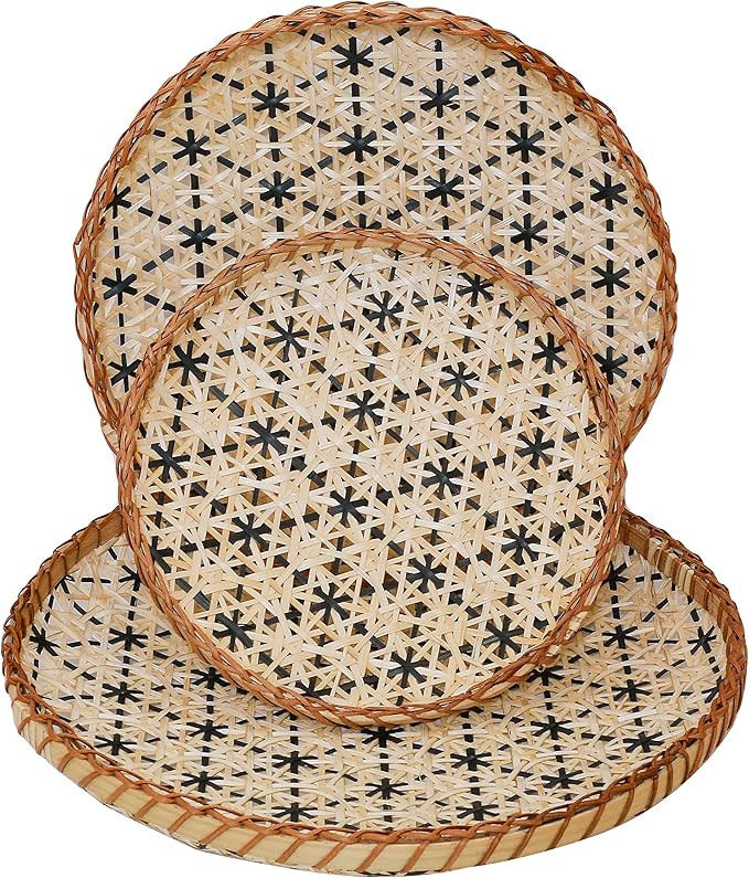 Decorative Wall Baskets Shallow Bamboo Tray Woven Art Decor Set 3 Serving Tray Round Trays for Co... | Amazon (US)