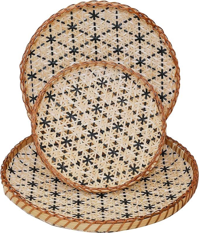 Decorative Wall Baskets Shallow Bamboo Tray Woven Art Decor Set 3 Serving Tray Round Trays for Co... | Amazon (US)