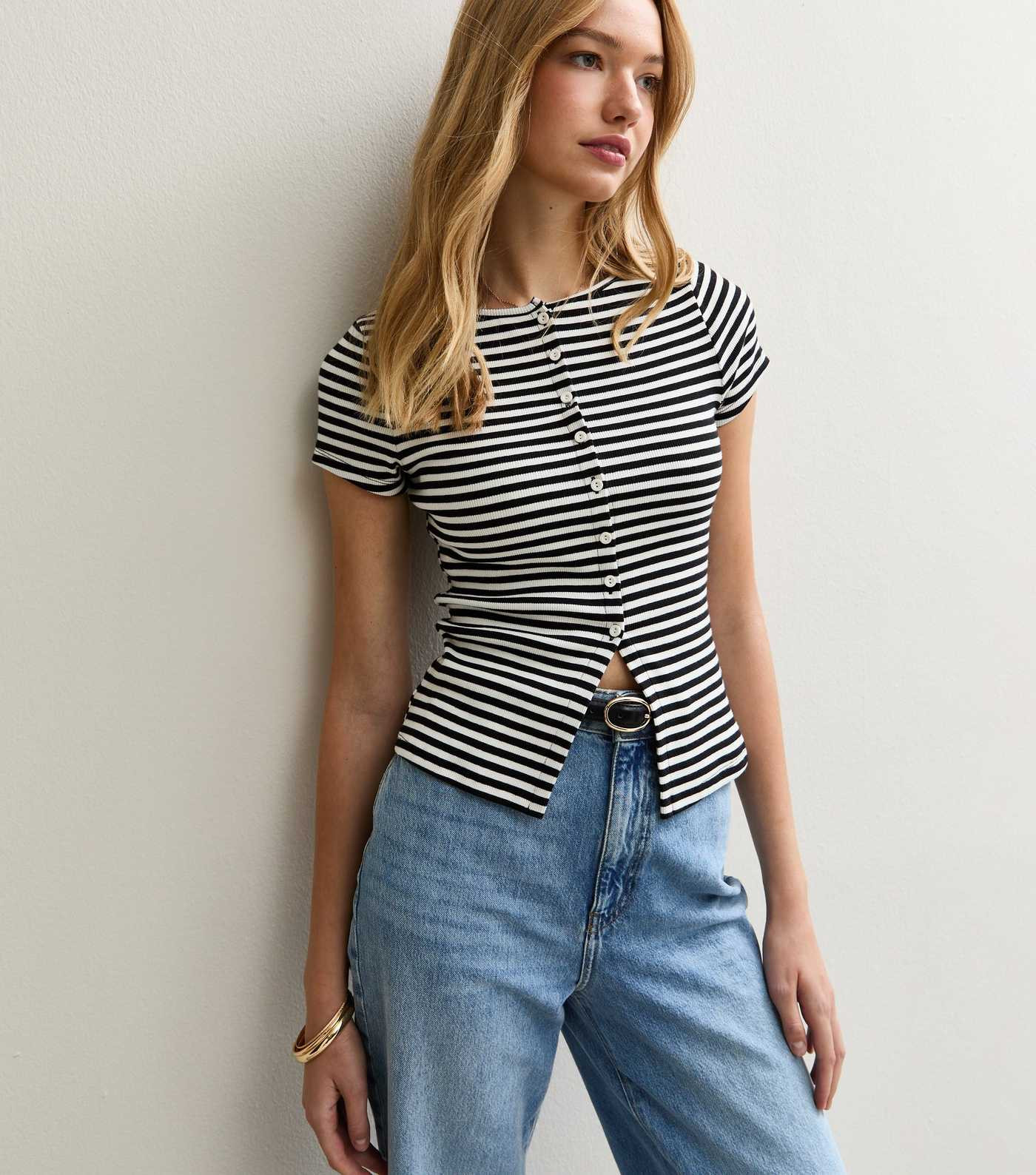 Black Ribbed Striped Short Sleeve Button Through T-Shirt | New Look | New Look (UK)