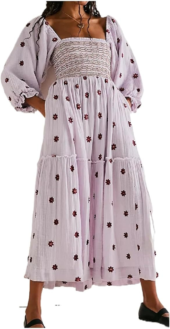 SOOKABEILA Casual Embroidered Maxi Dress for Women Square Neck Backless Smocked Ruffle Puff Sleev... | Amazon (US)