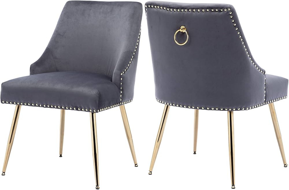 KCC Velvet Dining Room Chairs Set of 2 Nailhead Back Ring Pull Trim with Gold Legs for Kitchen Living Room(Grey) | Amazon (US)