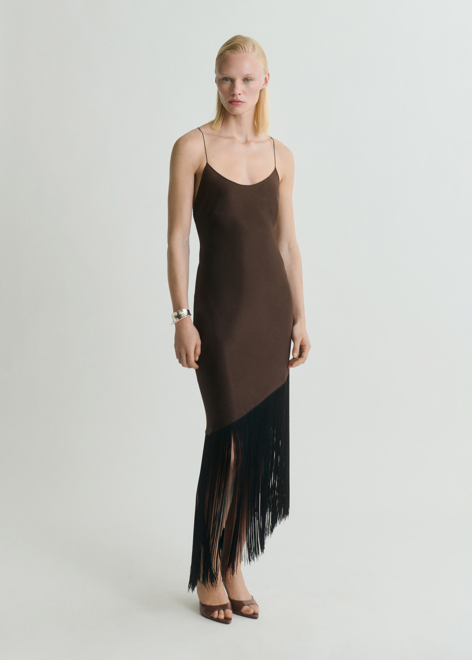 Asymmetrical satin dress with fringes - Women | MANGO United Kingdom | MANGO (UK)