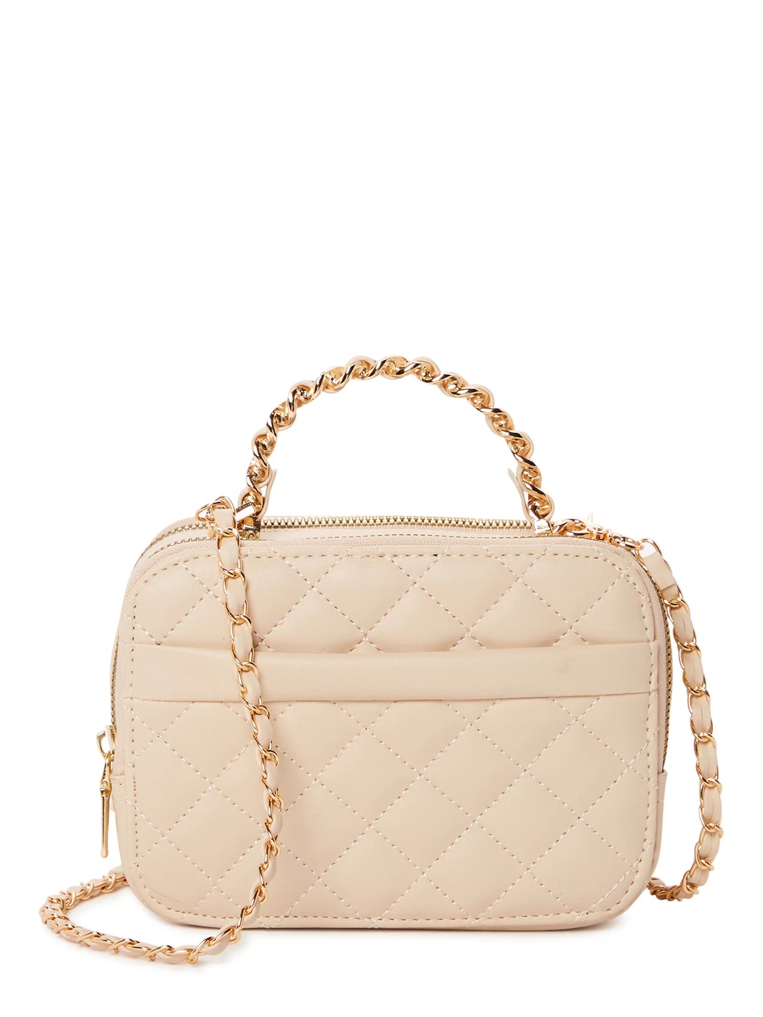 Jane & Berry Women's Adult Quilted Faux Leather Crossbody Bag and Mini Wallet Set, 2-Piece Beige | Walmart (US)