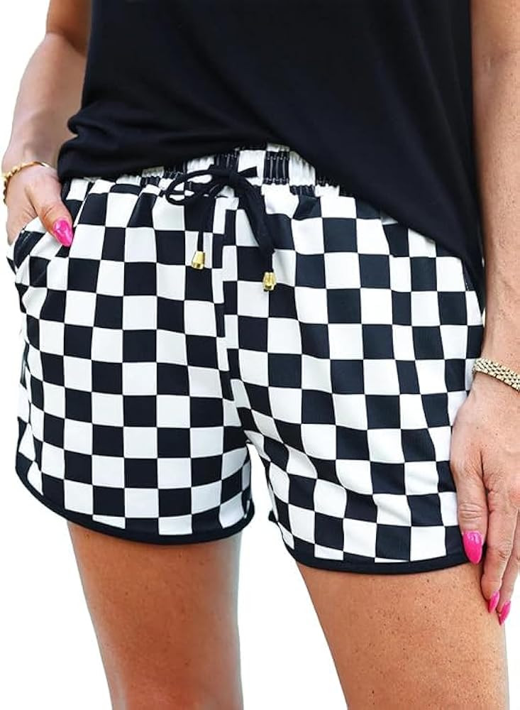 Chvity Womens Plaid Shorts Casual Elastic Waist Checkered Shorts Women Trendy with Pockets | Amazon (US)