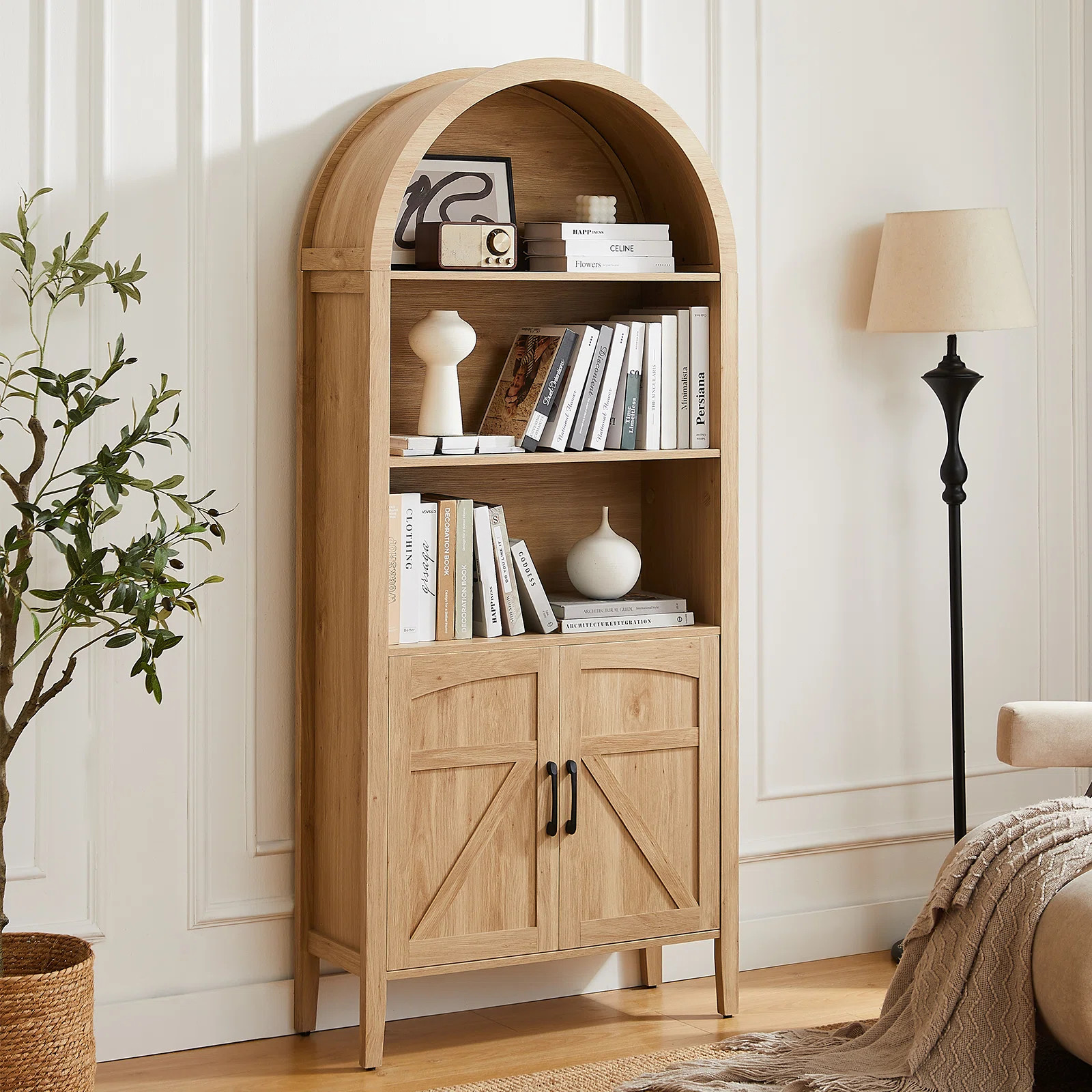 71” Tall Arched Display Storage Bookcase With Open Shelves And Cabinet | Wayfair North America