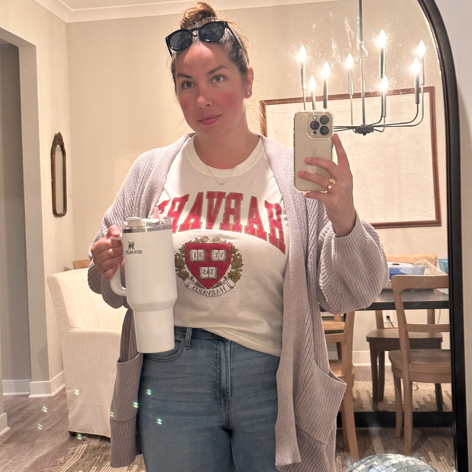 How do you guys dress for neighborhood and get together’s? This was my outfit for wine night, including my Stanley.￼