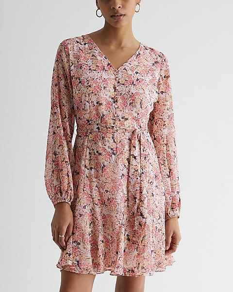 Floral Print Button Front Tie Waist Mini Dress | Express