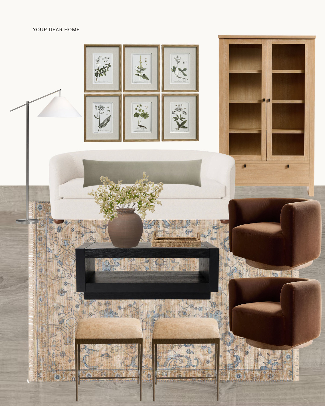 Grey flooring can sometimes feel a bit cold, but the right palette makes all the difference. Here I paired warm woods, earthy browns, and soft neutrals with a vintage style rug to create a living room that feels balanced, airy, and inviting. 

 #LTKHome