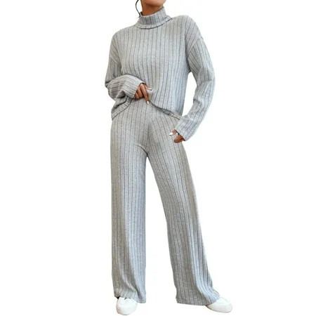 CILENON Women s Travel Outfits Women s High Neck 2 Piece Sweatsuit Long Sleeve Knit Sweater Tops Wide Leg Pants Set Outfits Womens Sweatsuits 2 Piece Set Airplane Travel Outfits for Women (Gray S) | Walmart (US)