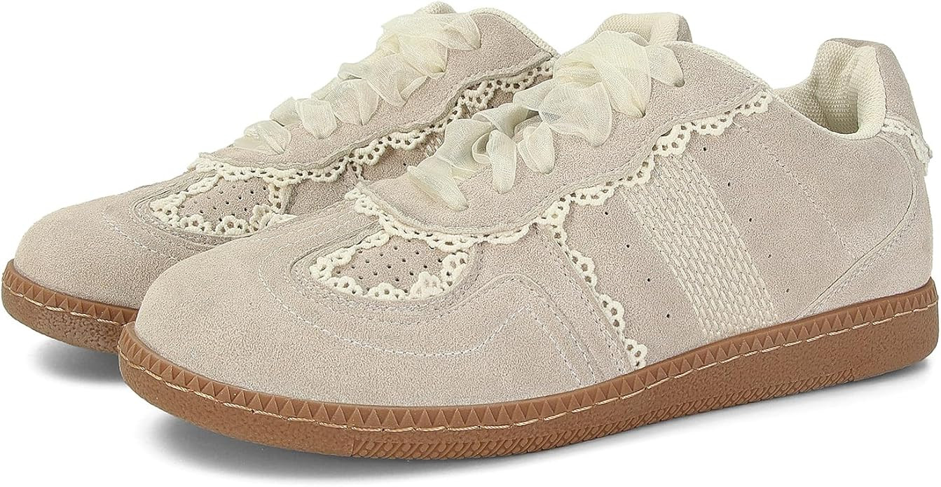 Women Lace Detail Casual Sneakers Elegant Ribbon Lace-Up Shoes with Memory Foam | Amazon (US)