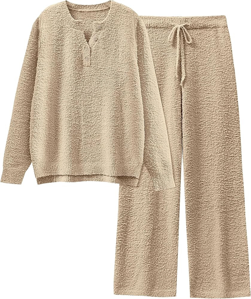 ANRABESS Womens Pajama Fuzzy Fleece 2 Piece Long Sleeve Top Wide Leg Pants Lounge Matching Pj Set... | Amazon (US)