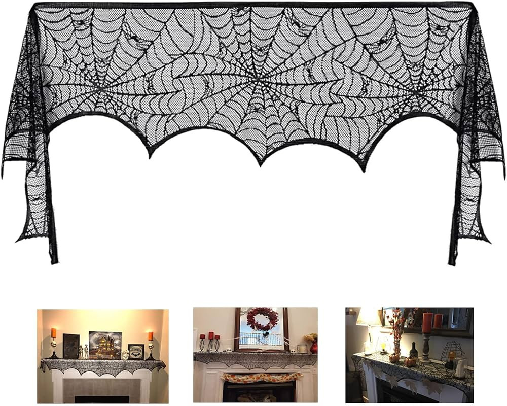 Halloween Fireplace Mantle Decorations, Black Lace Spiderweb Fireplace Mantel Scarf Cover Garland... | Amazon (US)