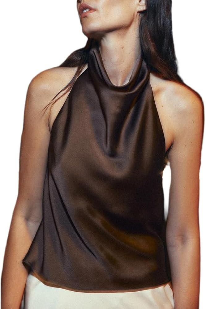 Women Backless Halter Tank Top Silky Sleeveless Mock Neck Cami Shirt Satin Open Back Going Out To... | Amazon (US)