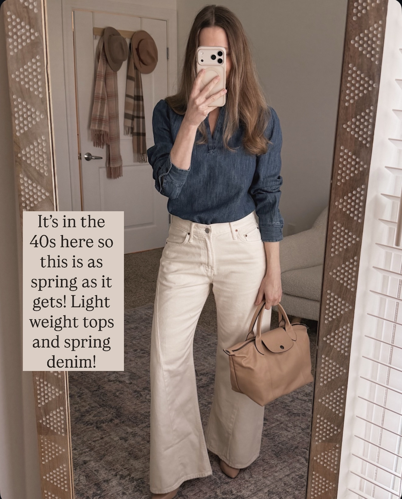 This is how I do spring when the weather still refuses to cooperate.

spring outfit ideas, cold spring outfit, transitional outfit, chambray top outfit, white jeans outfit, casual chic outfit, everyday style, neutral handbag, work outfit ideas, lightweight layers, womens fashion outfit

#LTKMothersDay #LTKWorkwear #LTKOver40