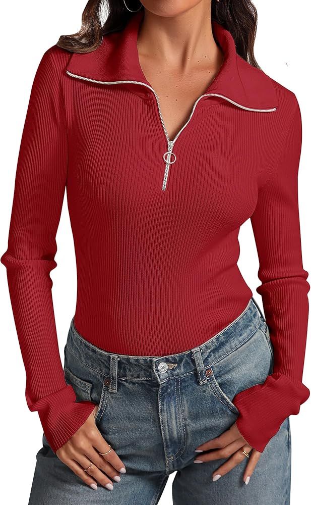 Prettywear Women's Quarter Zip Pullover Sweaters 2024 Long Sleeve Collared Slim Fit Ribbed Knit B... | Amazon (US)