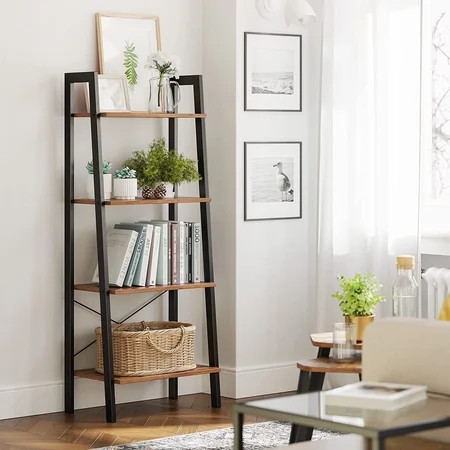 VASAGLE 4-Tier Ladder Shelf Wall Ladder Bookshelf Bookcase Furniture Storage Rack Shelves, Rustic Brown and Black | Walmart (US)