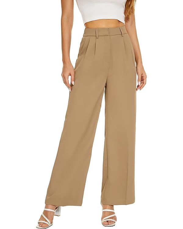 FUNYYZO Women's Wide Leg Pants High Elastic Waisted in The Back Business Work Trousers Long Strai... | Amazon (US)