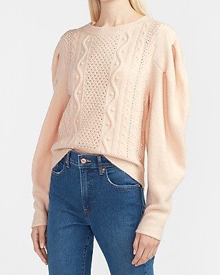 Cable Knit Puff Sleeve Sweater Neutral Women's S | Express