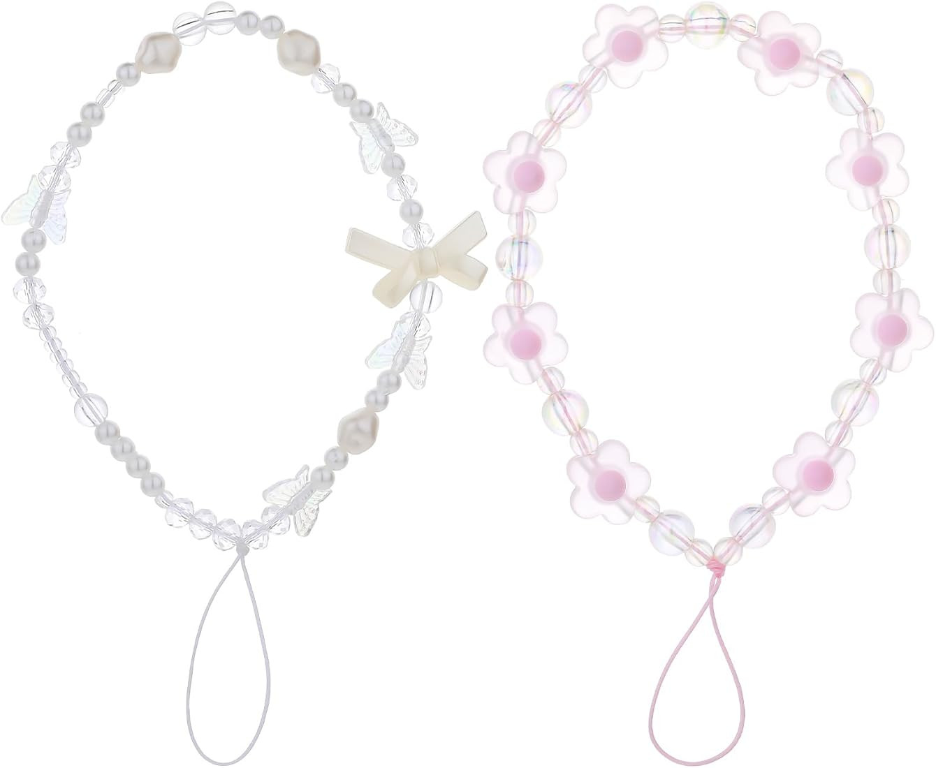 2 PCS Phone Wrist Strap Charm Beaded Butterfly Pearl Cell Phone Case Lanyard Chain Flower Bracele... | Amazon (US)