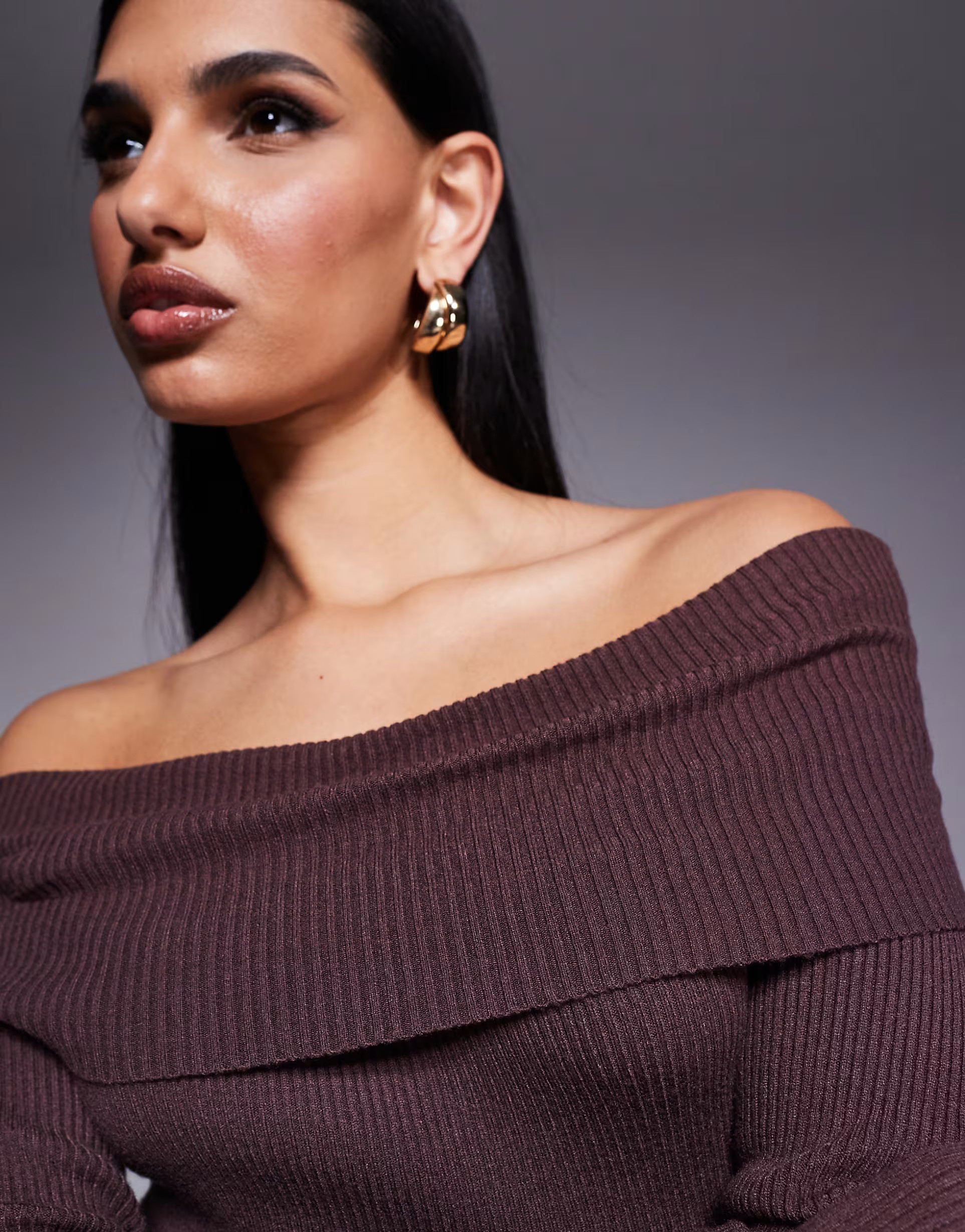 Princess Polly knitted extreme foldover bardot bodycon maxi dress in brown | ASOS (Global)