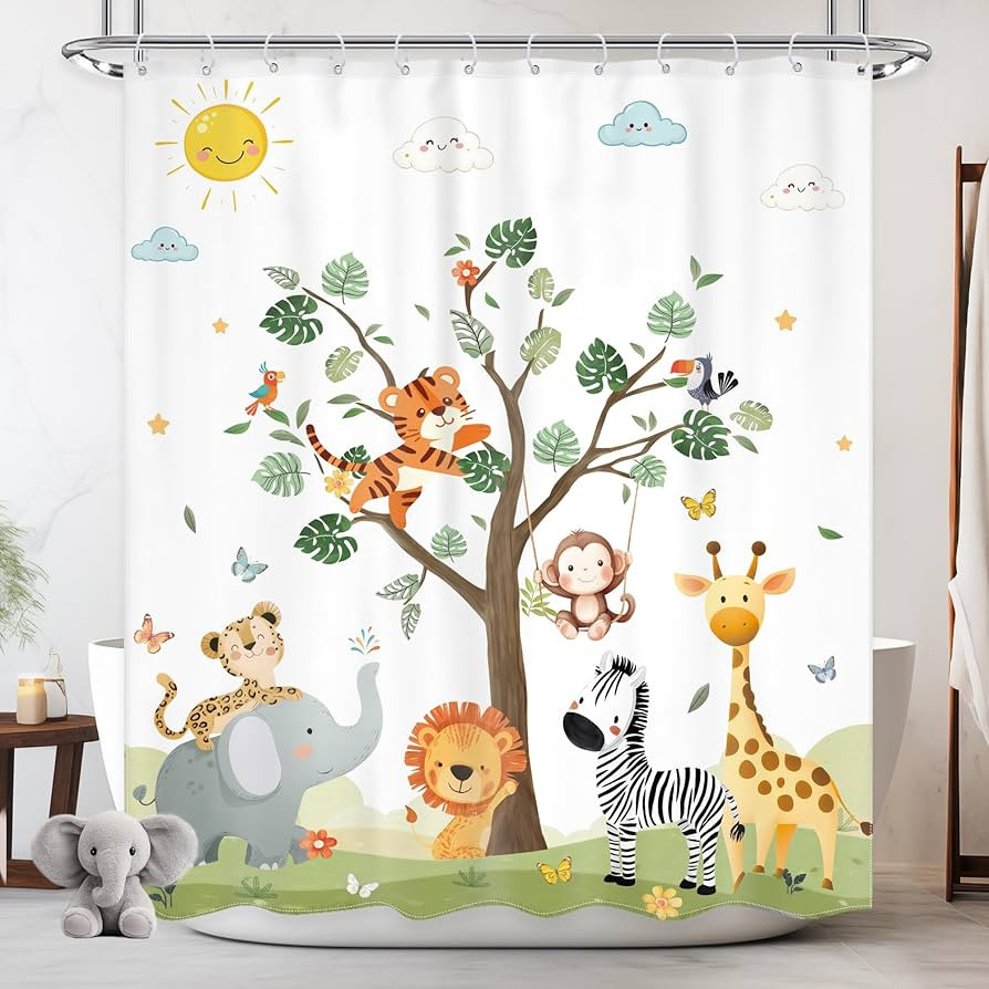 Jungle Animal Shower Curtain for Kids 60Wx72L Inch Giraffe Elephant Lion Zebra Safari Wildlife Zo... | Amazon (US)