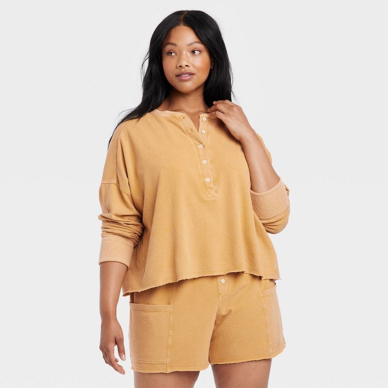 Women's Long Sleeve Henley Neck Cropped Shirt - Universal Thread™ | Target