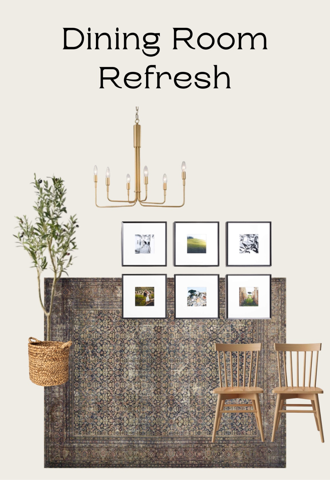 Dining room refresh chandelier transitional modern traditional CB2 crate and barrel olive tree Amber Lewis cloudpile Loloi area rug large mat picture frames wood dining chairs woven basket home decor style

#LTKFind #LTKsalealert #LTKhome