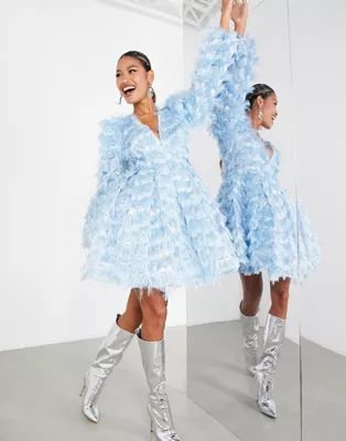 ASOS EDITION long sleeve fringe jacquard mini dress in ice blue | ASOS (Global)
