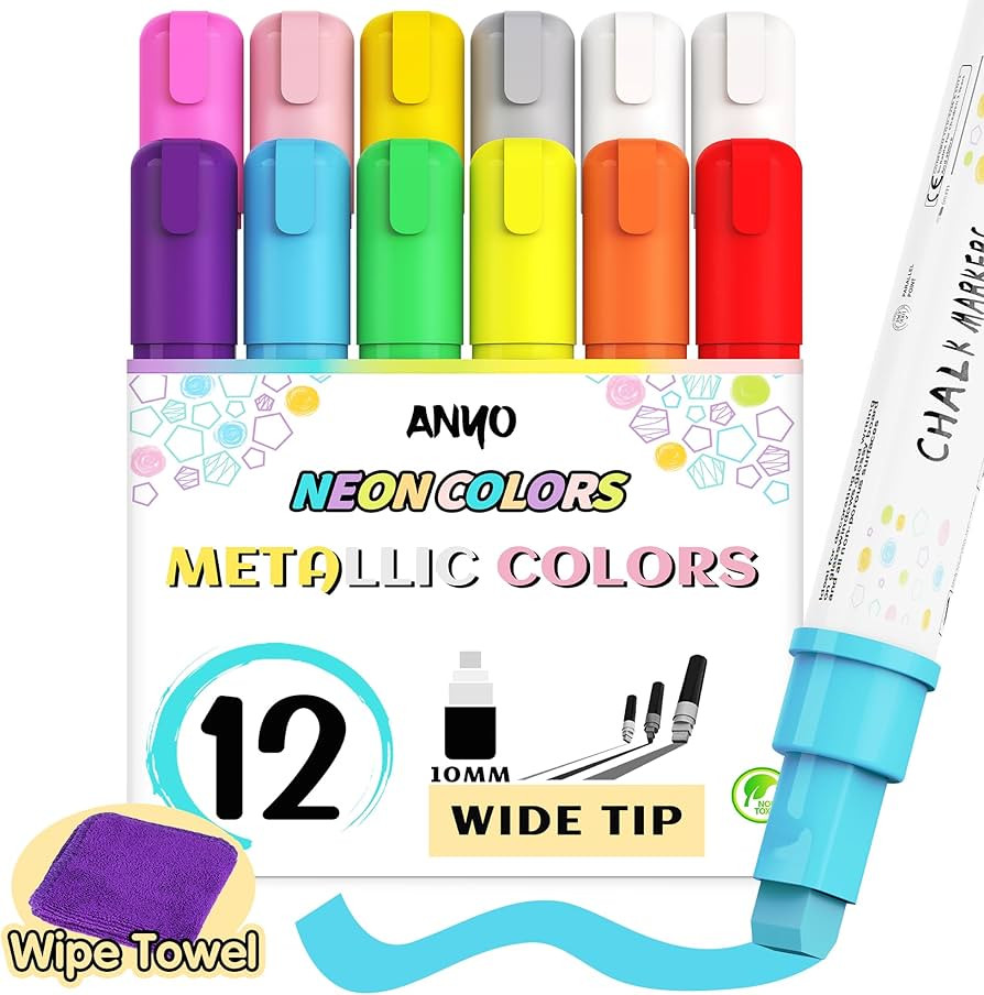 Anyo 12 Pack Chalk Markers for Blackboard, Window Paint with 10mm 3-in-1 Wide Nib Tip, Metallic &... | Amazon (US)