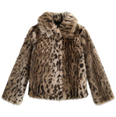 ebossy Women's Faux Fur Crop Jacket Long Sleeve Lapel Winter Warm Fluffly Leopard Pure Color Sherpa Coat (L, Leopard) | Amazon (US)