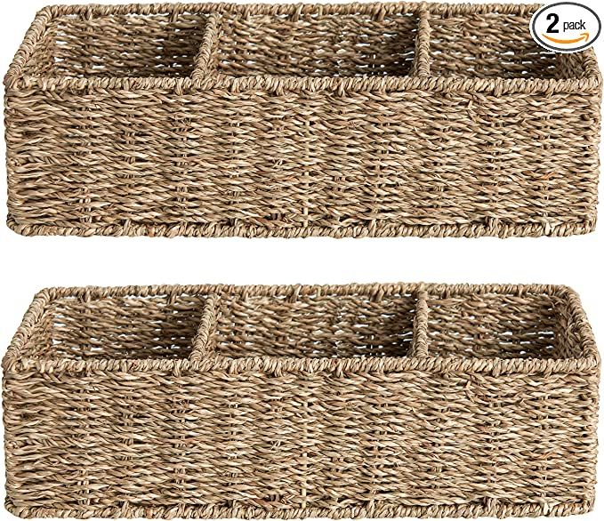 StorageWorks 3-Section Wicker Baskets for Shelves, Hand-Woven Seagrass Storage Baskets, 2-Pack | Amazon (US)