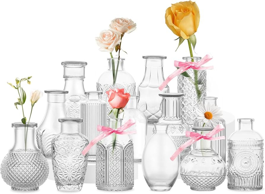 Glass Bud Vases Set of 15, Vintage Bud Vases for Centerpieces, Small Clear Glass Vases in Bulk fo... | Amazon (US)
