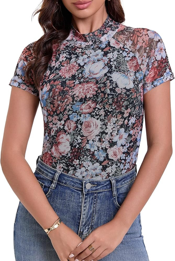 SKYZOO Floral Mesh Short Sleeve Lace Double Line Cute Going Out Summer Tops 2025 | Amazon (US)