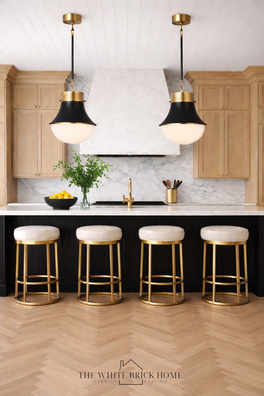 Modern contrast meets timeless warmth with white oak, marble, and brass creating a kitchen that feels both elevated and livable. 
🖤🖤
Kitchen, kitchen design, kitchen lighting, kitchen stools, counter stool, bar stools, kitchen lighting, pendant light fixture, home decor, home design, kitchen design, kitchen ideas, white oak flooring, white oak floor ideas, home design, home decor ideas, kitchen decor ideas, kitchen, pendant light, visual comfort, pottery barn, wayfair 


#LTKSaleAlert #LTKHome #LTKSeasonal