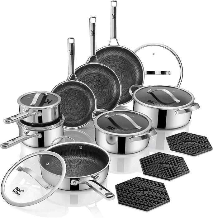 Pots and Pans Set Hybrid Stainless Steel, 17PC Nonstick Tri-Ply Cookware Set w/Frying pan, Dishwa... | Amazon (US)