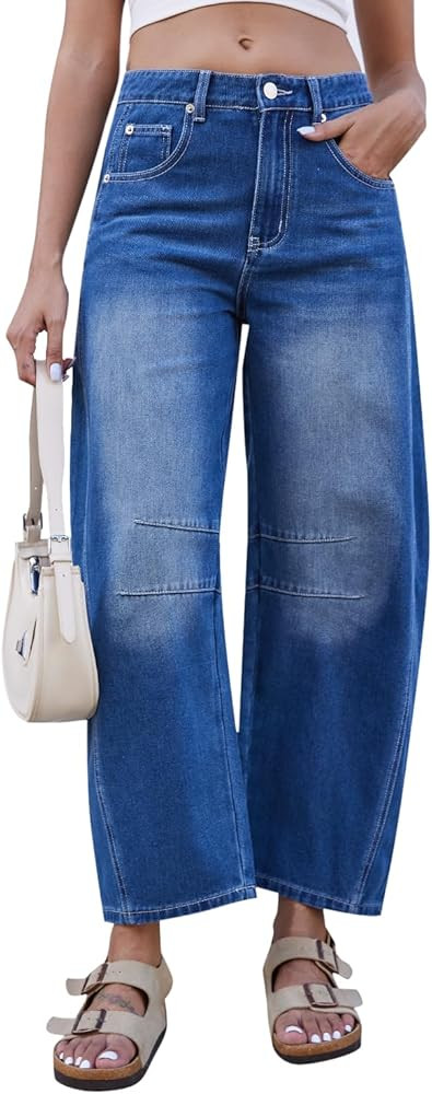 GREAIDEA Mid Rise Barrel Jeans for Women Wide Leg Mid Waist Cropped Denim Pants Y2k Baggy Boyfrie... | Amazon (US)