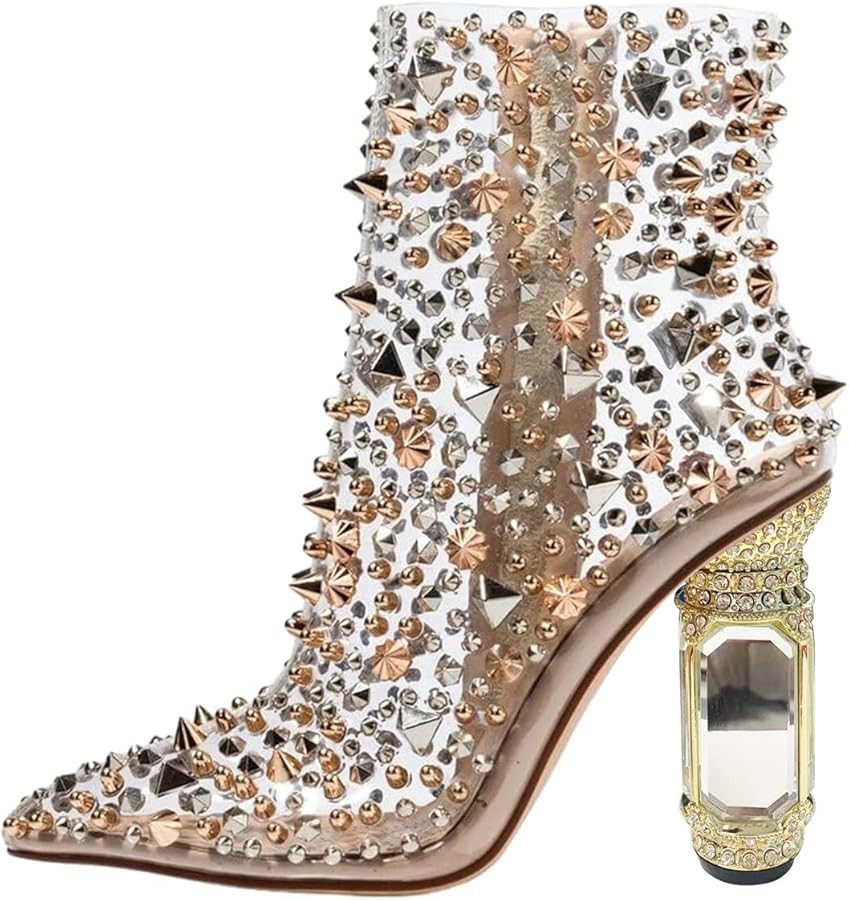 FSJ Women Chic Pointed Toe Crystal Chunky Block High Heel Ankle Boots Glossy Side Zipper Casual D... | Amazon (US)