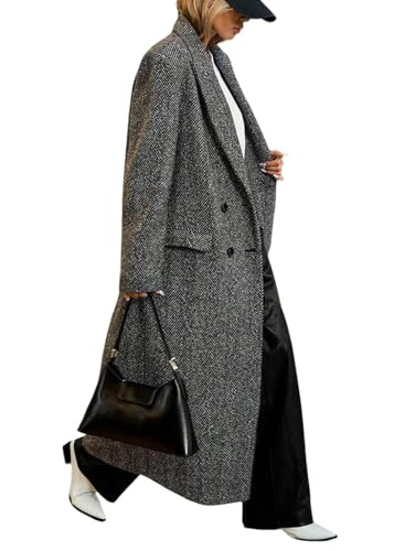 CHARTOU Long Wool Trench Coat Women Double Breasted Herringbone Notch Collar Dressy Winter Pea Co... | Amazon (US)